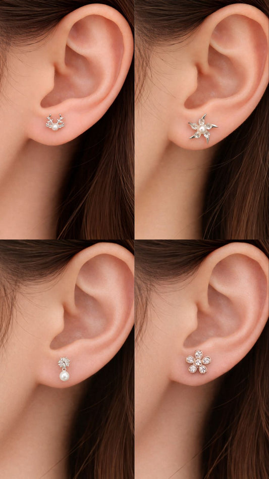 Crystal Floral Stud Earrings – Set of 4 | Lightweight Daily Wear